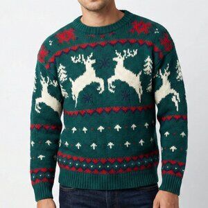 Eddie Bauer Reindeer Wool Sweater Green Nordic Christmas Vintage